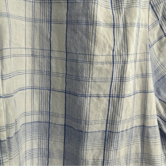 LOFT Plaid Linen Blend Button Blouse Peter Pan Collar Preppy White Blue Spring - Picture 7 of 12